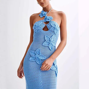 Elegant Beach Vacation Summer Trend Clubwear Bodycon Dress | Appliques Halter Sexy Flower Knit See Through Long Dress beach dress LUNARITY GARAGE Blue S