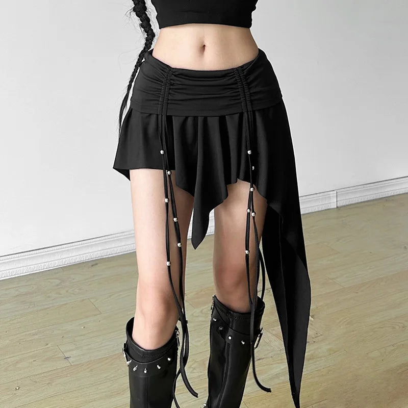 Gothic Dropped Waist Mini Skirt - Punk Grunge Irregular Hem A-line Techwear Skirts LUNARITY GARAGE Black S