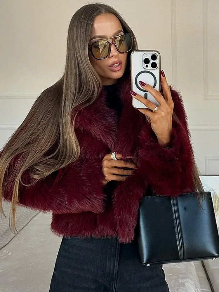 Burgundy Faux Fur Coat Vintage Long Sleeve Furry Warm Jackets Jackets LUNARITY GARAGE Wine Red S