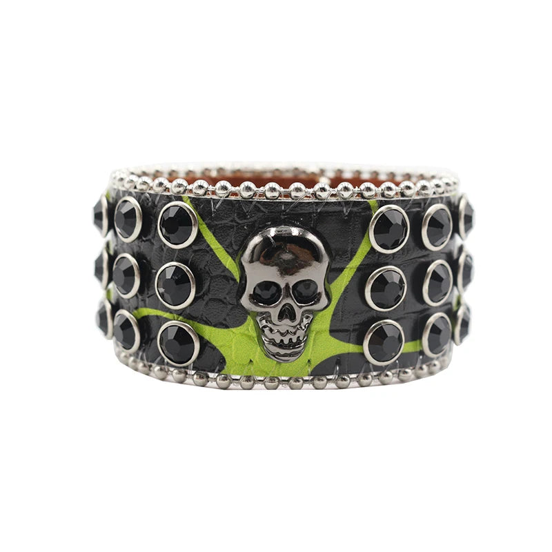 Wide Rhinestone Skull Bracelet – PU Leather Statement Cuff Bracelets LUNARITY GARAGE HW-Black