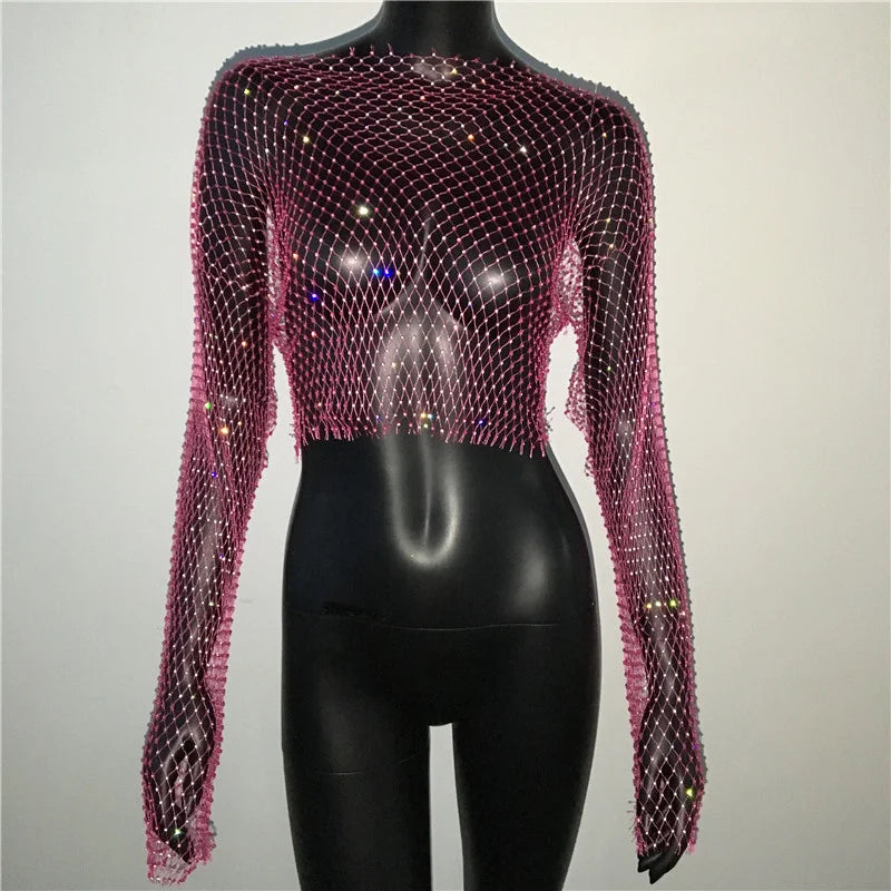 Glitter Rhinestone Fishnet Crop Top – Festival-Ready Sparkle crop top Lunarity Garage One Size Pink