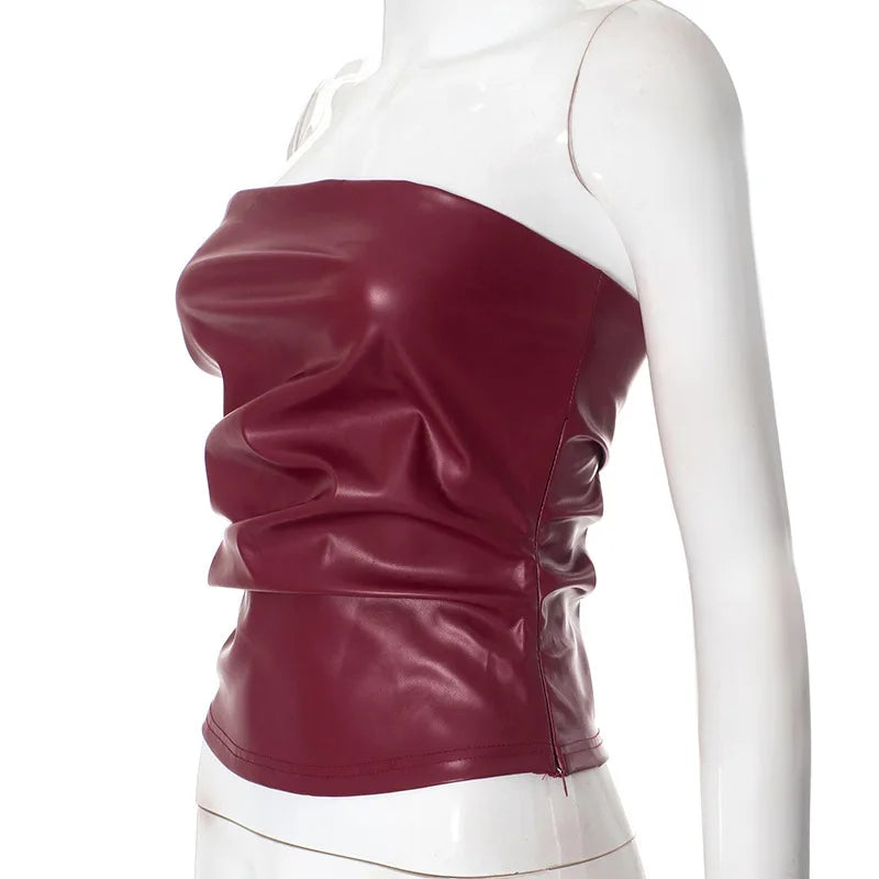 Wine Red Strapless Leather Top – Sexy Slim Fit Party Top Tops LUNARITY GARAGE