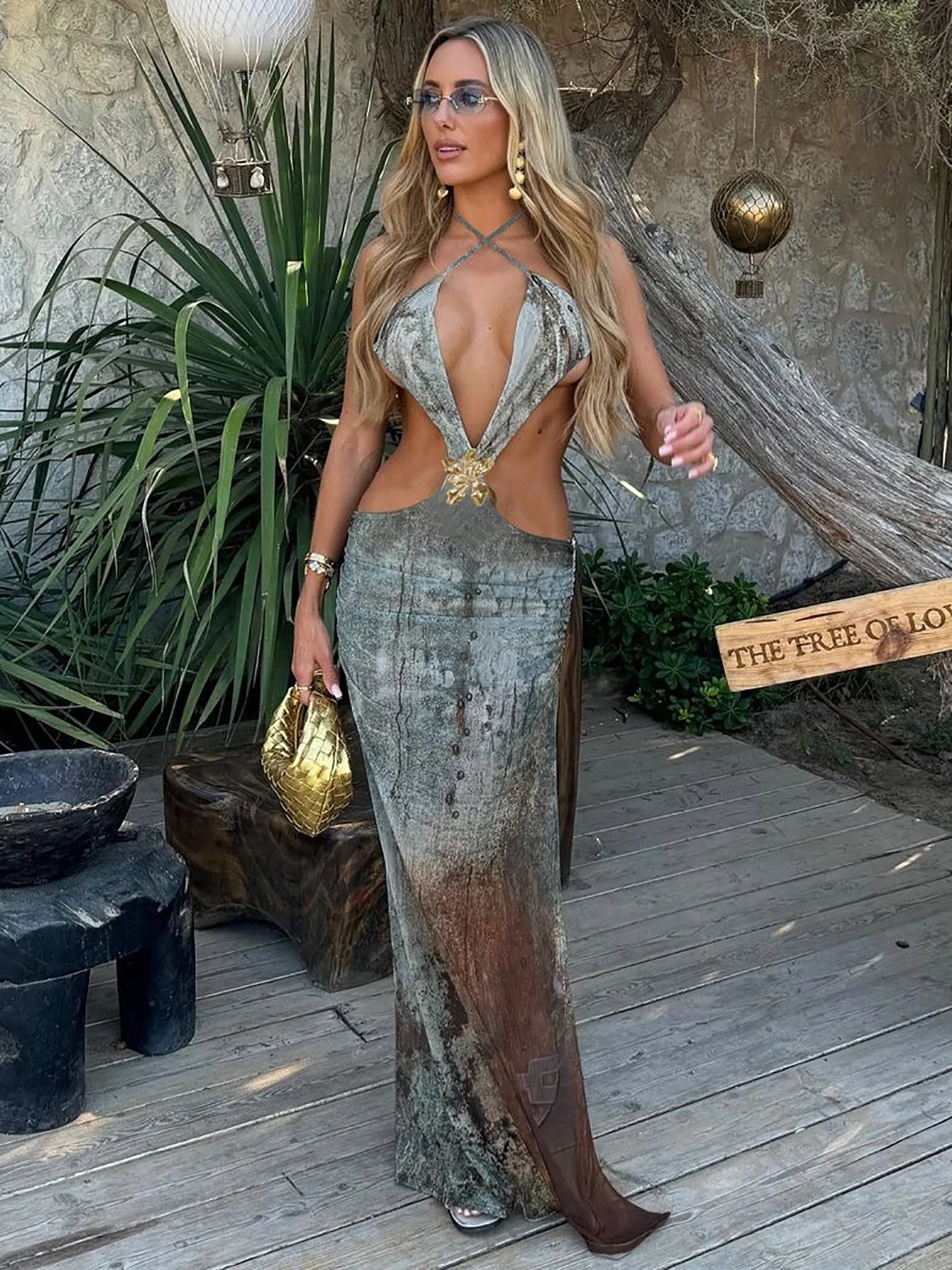 Tie Dye Print Cut Out Maxi Dress | Plunging Backless Mesh Long Dress for Summer Beach Parties Dress LUNARITY GARAGE