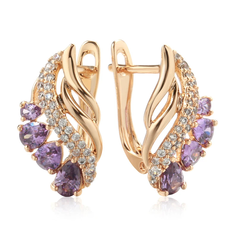 Purple Water Drop Natural Zircon Earrings for Women Luxury 585 Rose Gold Fashion Jewelry Unique Daily Drop Earrings ring LUNARITY GARAGE