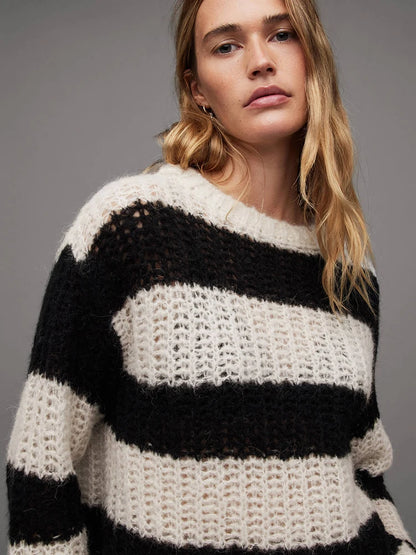 Striped Crochet Loose-Fit Sweater – Casual O-Neck Knit Top Sweaters LUNARITY GARAGE