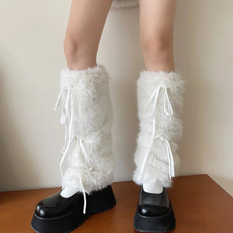 JK White Bow Tie Leg Warmers with Faux Rabbit Fur Ball – Thick Plush Y2K Winter Boots Cover Socks Leg Warmers LUNARITY GARAGE