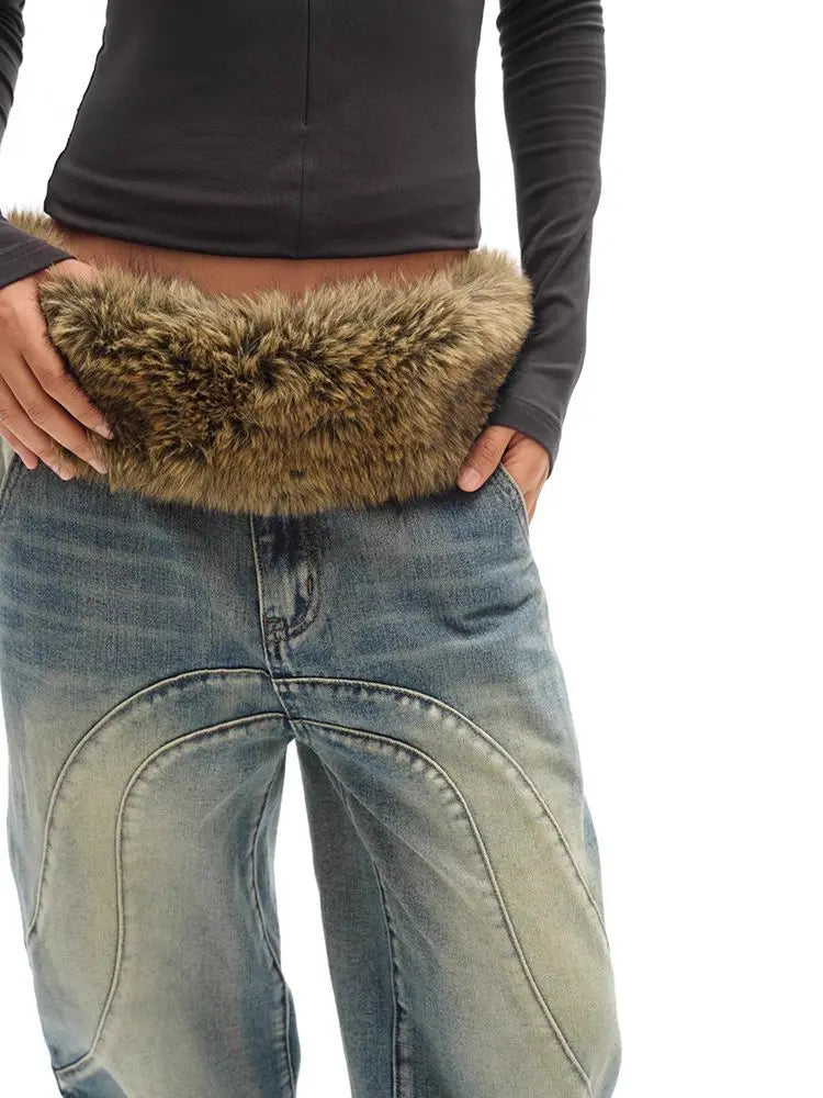 Vintage Brown Fur Belt - Y2K Hook Furry Cowgirl Gothic Punk Hip Hop Waistband Belt LUNARITY GARAGE Brown