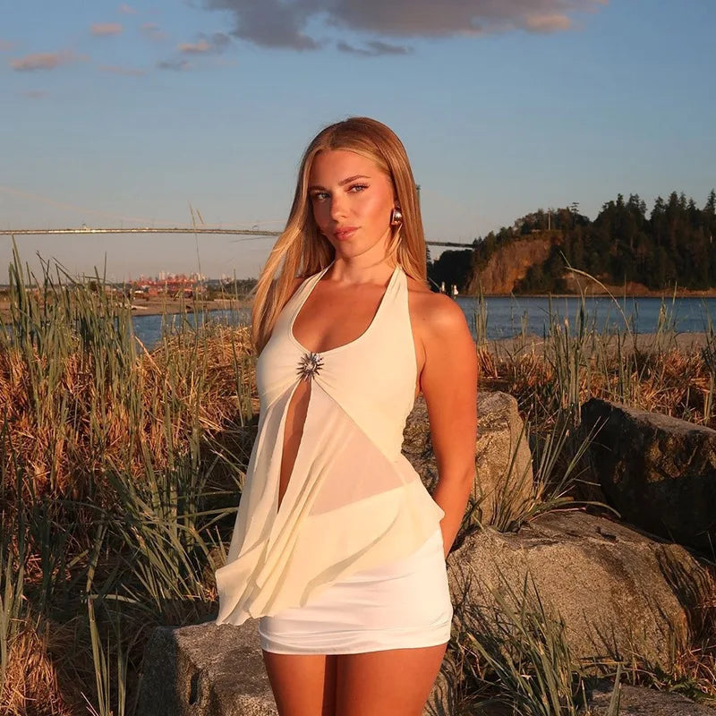 Halter Tie-Back Sheer Mesh Tank Top - Metal Accents Backless Y2K Vest Tank top LUNARITY GARAGE