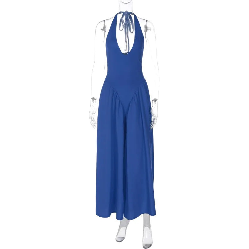 Backless Deep V Spliced Long Dress | Summer Women's Sexy Party & Halter Fashion Slim White Sleeveless Dress Dress LUNARITY GARAGE Blue S