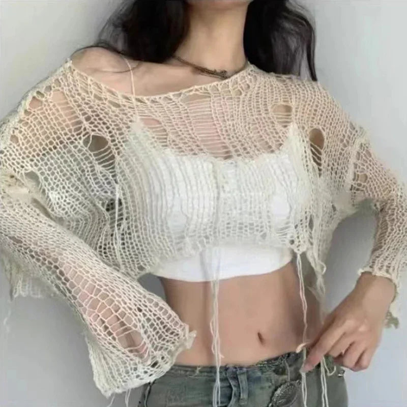 Boho Knitted Hollow Out Crop Tee – Vintage Y2K Loose Fit Ripped Long Sleeve Jumper for Women crop top Lunarity Garage