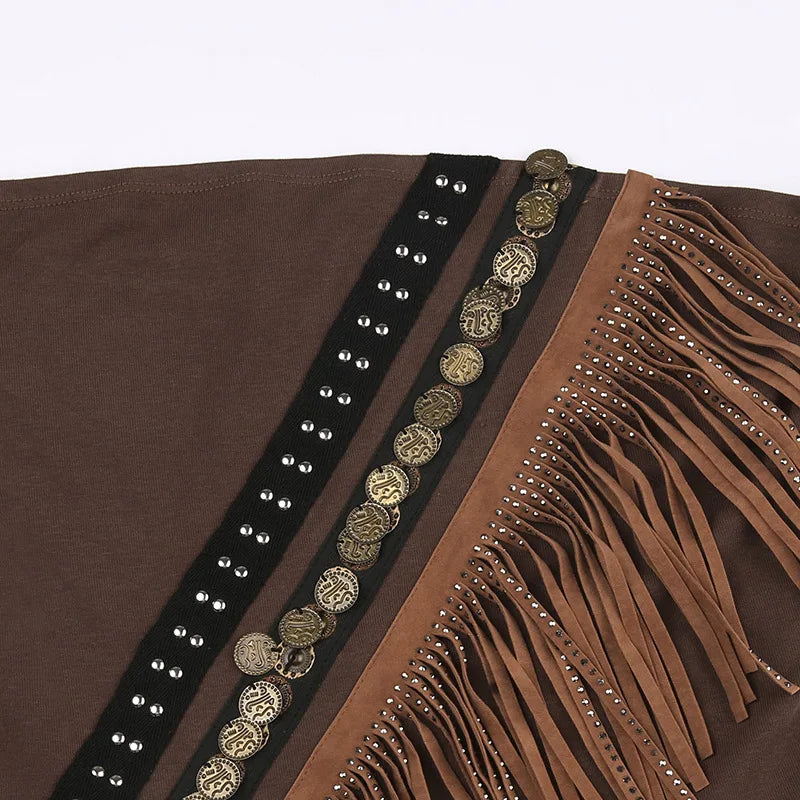 Exotic Ethnic Style Strapless Fringed Top with Metal Retro Decoration – Slim Fit Indie Folk Y2K Tank Tops LUNARITY GARAGE