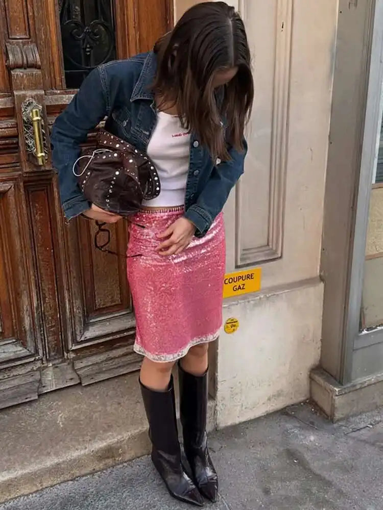 Glitter Sequins Sparkling Pink Mini Skirt | High Waist Y2K Summer Casual Vacation Beachwear 2025 Skirts LUNARITY GARAGE