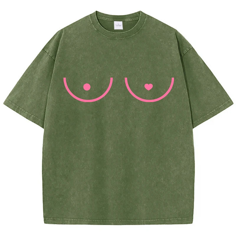 Heart Graphic Washed Cotton T-Shirt - Y2K Loose Retro Short Sleeve Tee Tshirt LUNARITY GARAGE Dark Green S