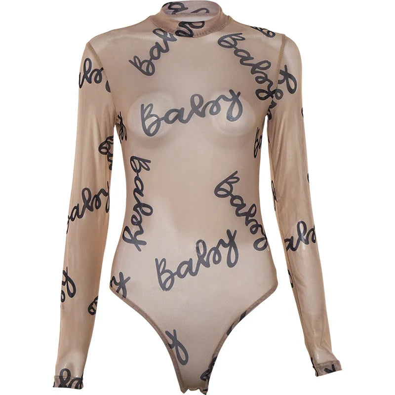Sexy Letter Print Transparent Mesh Bodysuit - Long Sleeve See Through Romper Bodysuits LUNARITY GARAGE