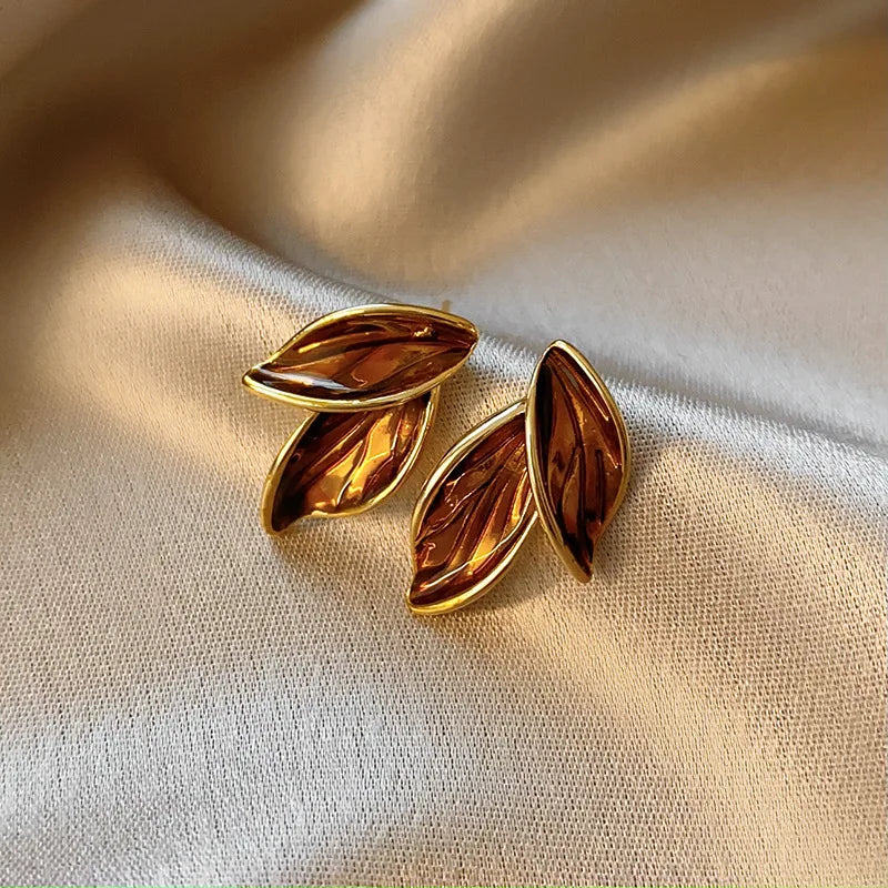 Brown Leaf Geometry Stud Earrings - Trendy Metal Plant-Inspired Push-Back Studs Earrings Lunarity Garage