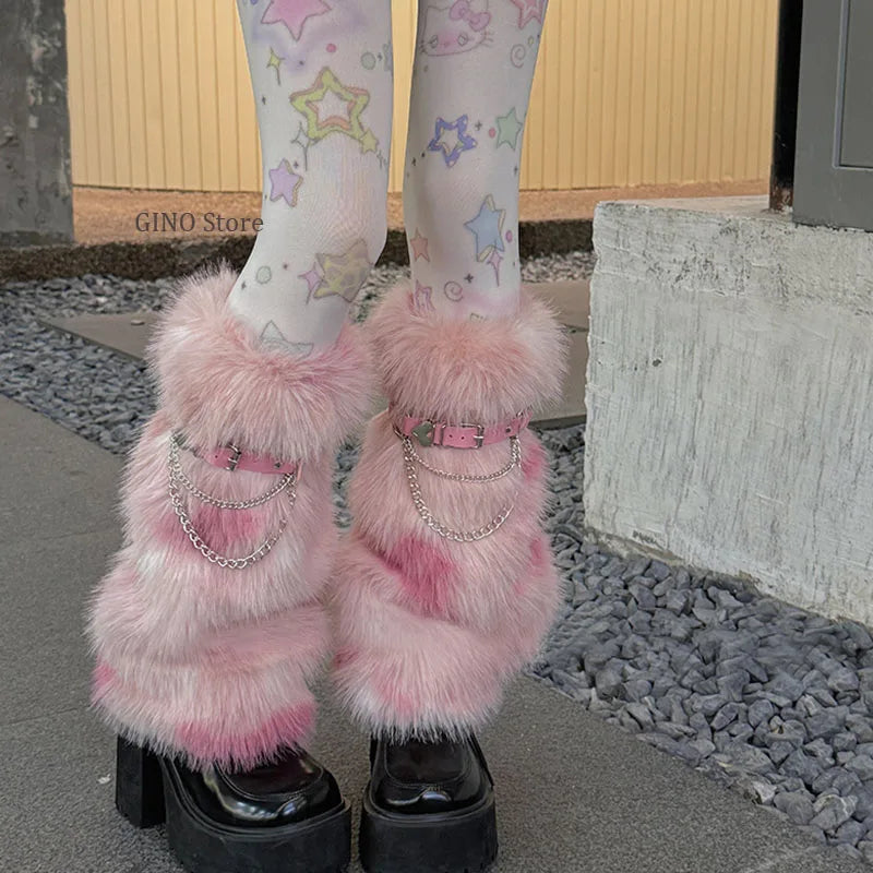 Winter Leopard Print Faux Fur Leg Warmers – Y2K Plush Punk Chain PU Belt, Harajuku Thickened Boots Cover, Fluffy Socks Leg warmer LUNARITY GARAGE