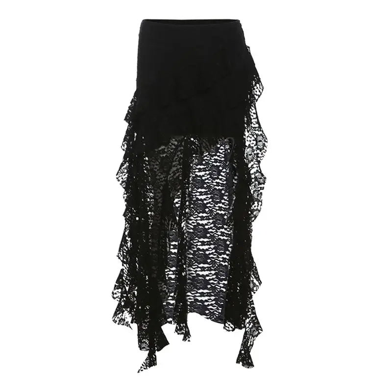 Punk Goth Skirt for Women – Dark Asymmetrical Ruffled Lace High Waist Skirt Skirts LUNARITY GARAGE