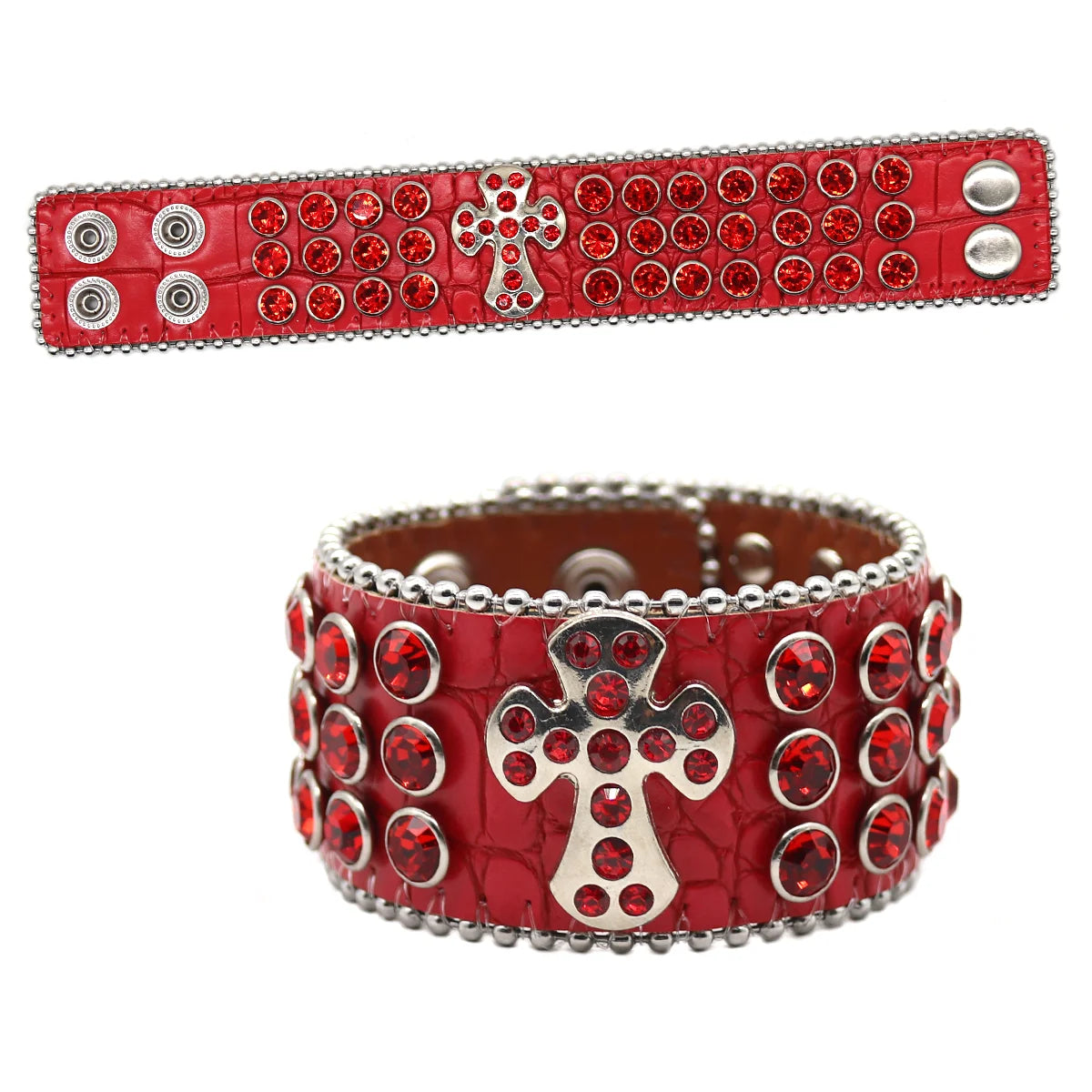 Designer PU Leather Rhinestone Cross Bracelet – Western Bling Statement Piece Bracelets LUNARITY GARAGE Red