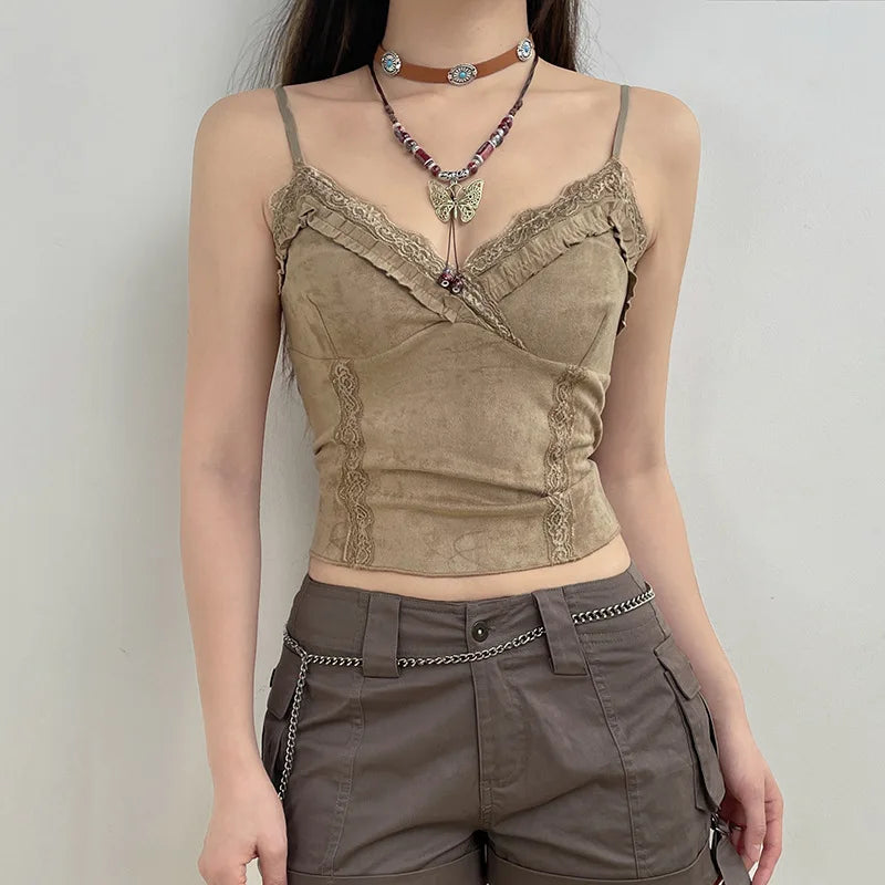 Y2K Lace Trim Mini Vest – Vintage Chic Meets Modern Comfort crop top Lunarity Garage Khaki S