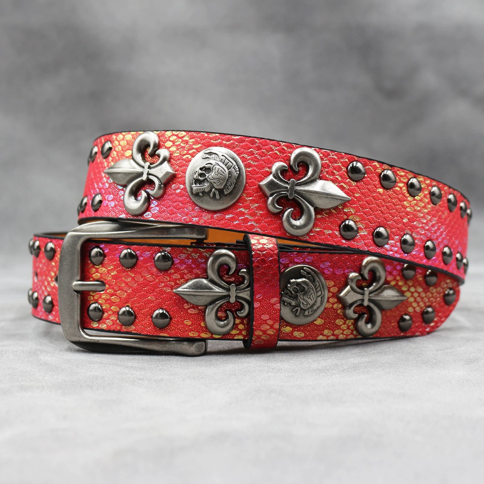 Y2K Leather Rivet Belt – Golden Cross Studded Rock Style belt LUNARITY GARAGE Red 105CM