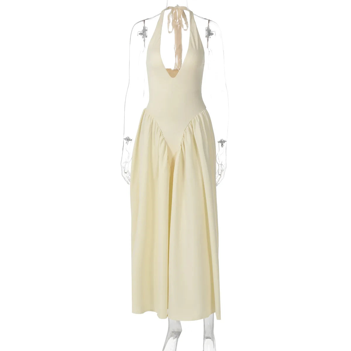 Backless Deep V Spliced Long Dress | Summer Women's Sexy Party & Halter Fashion Slim White Sleeveless Dress Dress LUNARITY GARAGE Apricot S