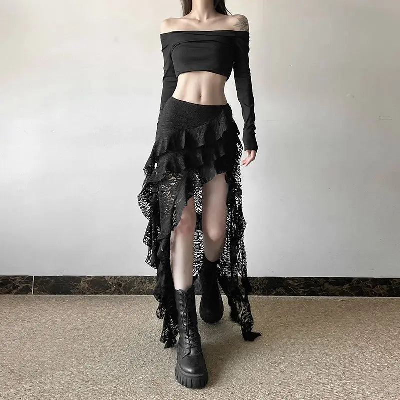Punk Goth Skirt for Women – Dark Asymmetrical Ruffled Lace High Waist Skirt Skirts LUNARITY GARAGE