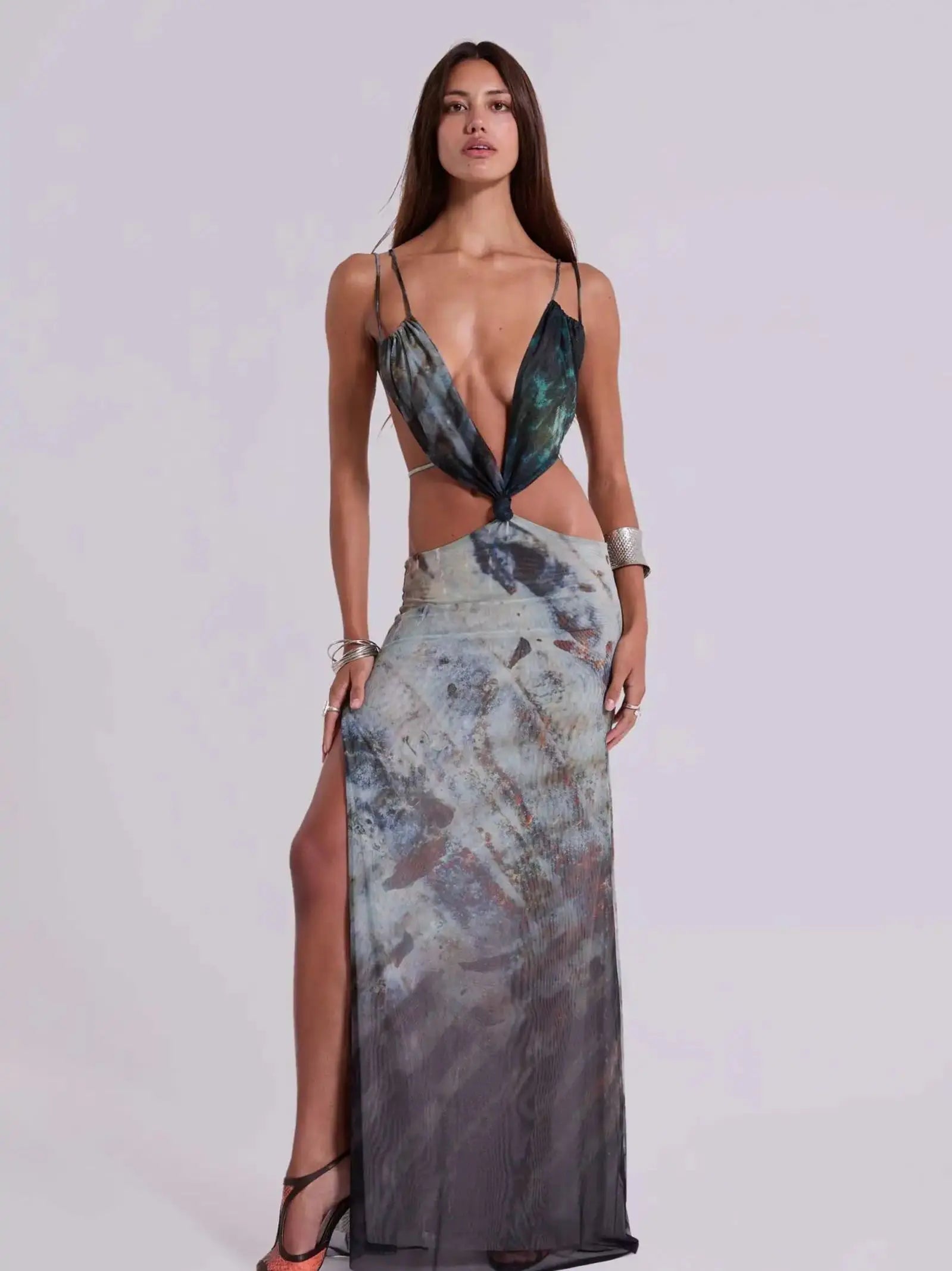 V-Neck Long Dress Women | Summer Party Cut Out Slit Maxi Dress | Ruched Print Holiday Beach Robe Dress LUNARITY GARAGE
