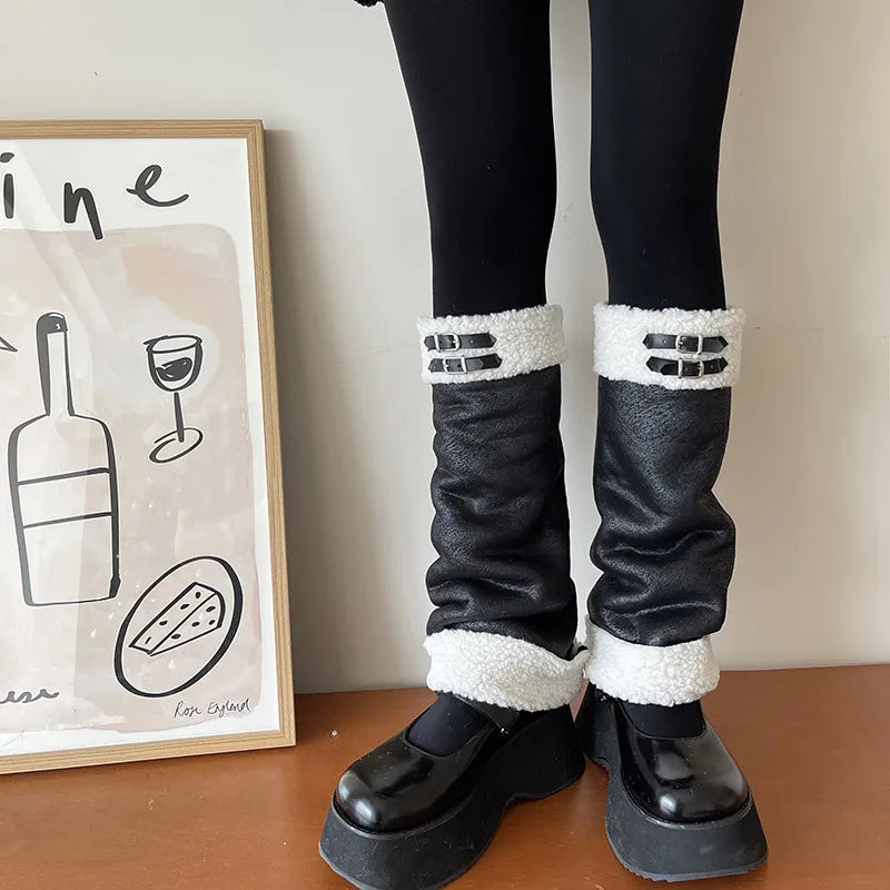 Punk Thickened Lamb’s Wool Suede Leg Warmers – Y2K Winter Knee Warmers with Plush Fur Ball Detail Leg Warmers LUNARITY GARAGE   