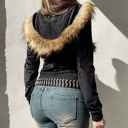 Vintage Faux Feather Hooded Cardigan – Cute and Cozy Autumn Streetwear Jackets LUNARITY GARAGE