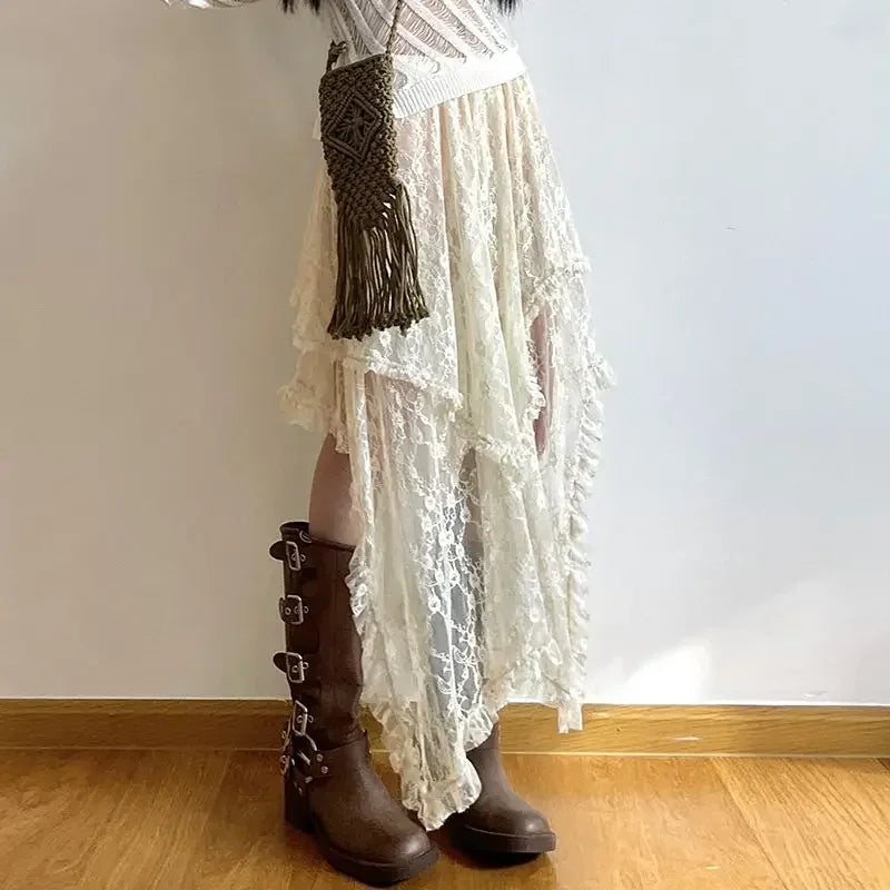 Lace Asymmetrical Skirt Fairycore Women Vintage Y2K Boho Aesthetic Fashion High Waist Mid Skirts Lady Holiday Outfits skirt LUNARITY GARAGE