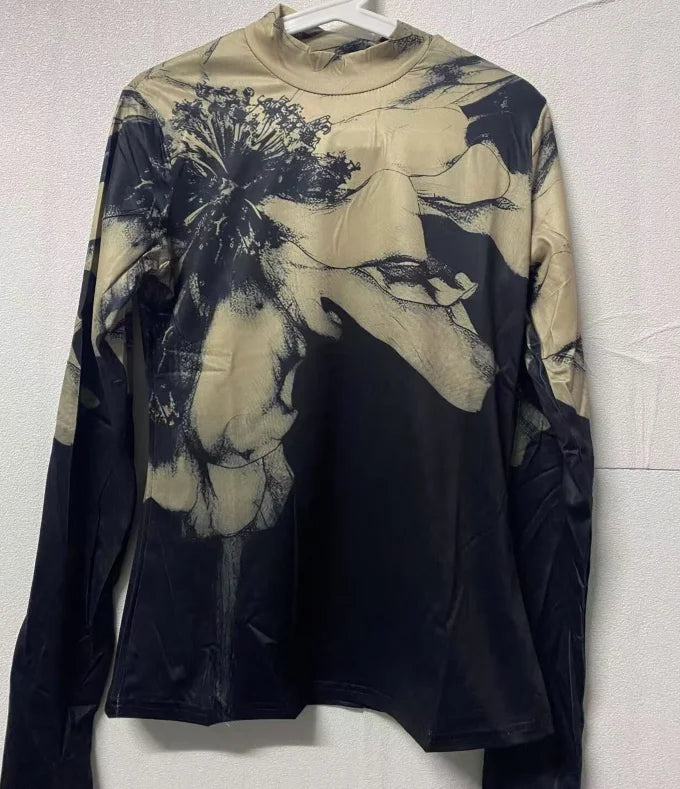 Vintage Floral Print Turtleneck T-Shirt - Korean Long Sleeve Tunic Tee BLOUSE LUNARITY GARAGE