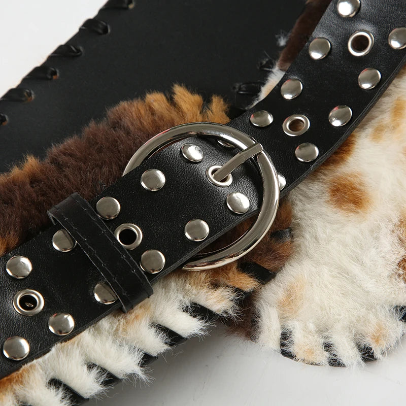 Y2K Vintage Faux Fur Patchwork Belt - Punk Western Cowboy Waistband Accessory Belt LUNARITY GARAGE