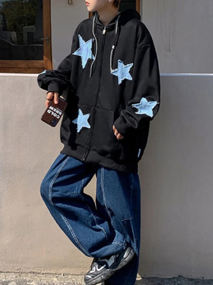 Emo Star Patch Oversized Zip-Up Hoodie – Y2K Vintage Streetwear Jackets Lunarity Garage