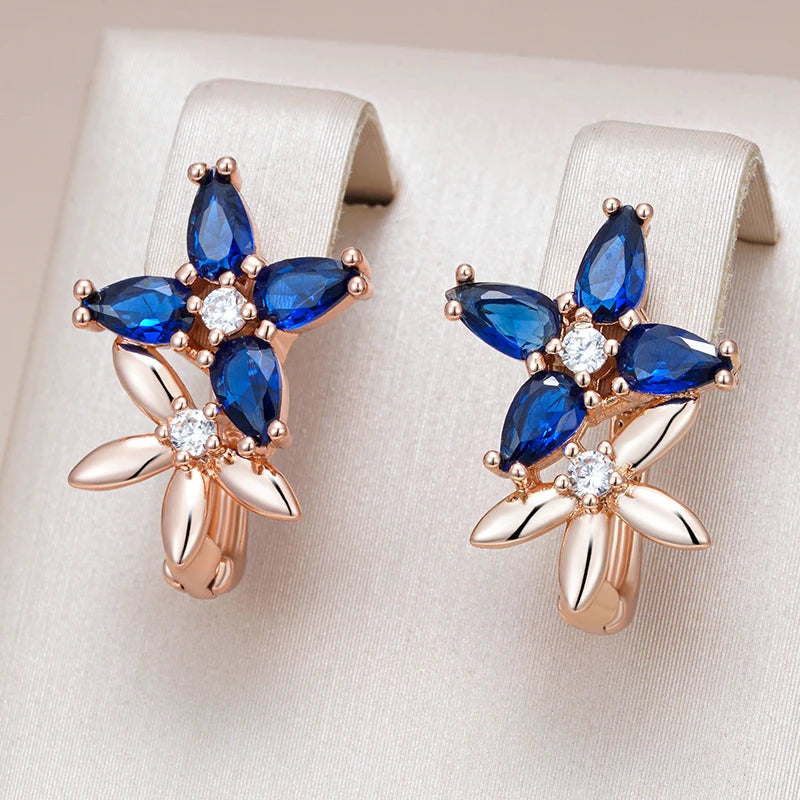 Elegant Rose Gold Crystal Flower Drop Earrings with Blue Zircon for Women – Vintage Jewelry Earrings LUNARITY GARAGE   