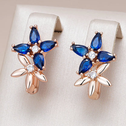 Elegant Rose Gold Crystal Flower Drop Earrings with Blue Zircon for Women – Vintage Jewelry Earrings LUNARITY GARAGE   