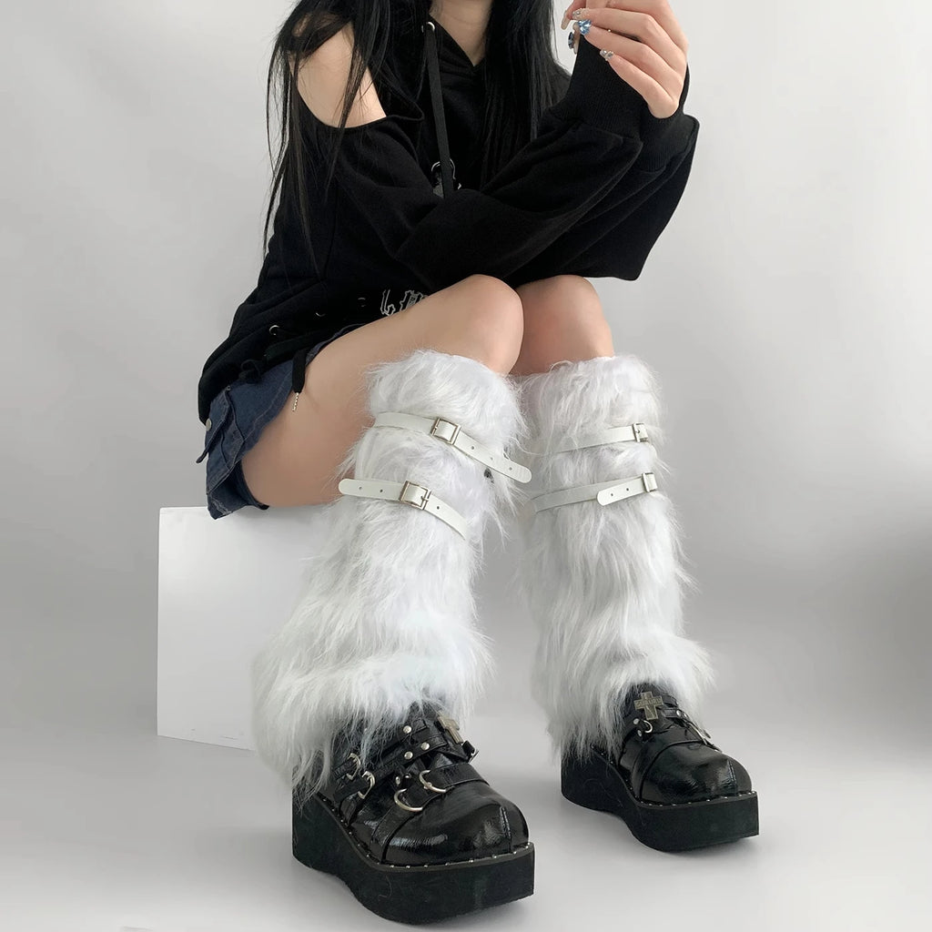 Harajuku Punk Leather Belt Fur Leg Warmers – Cozy Thick Imitation Rabbit Leggings Boots Covers Leg warmer LUNARITY GARAGE   