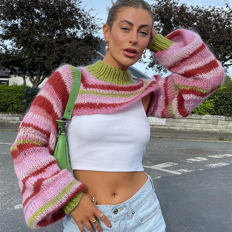 Y2K Vintage Striped Loose Long Sleeves Pullover Crop Tops Chic Women Knitted Shrug Sweater 00s Retro Smock T-shirt Streetwear  LUNARITY GARAGE Pink S 