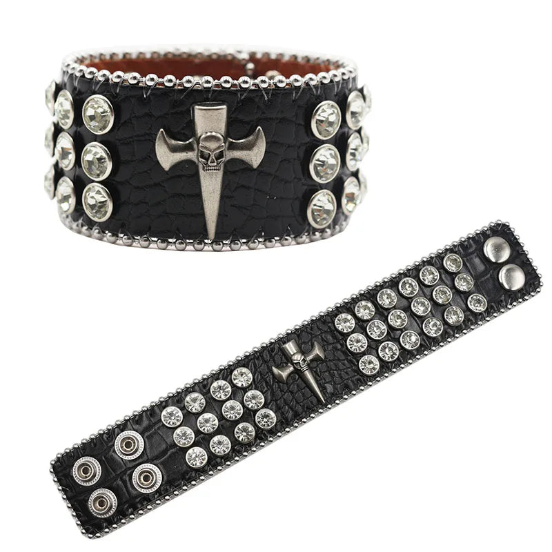 Exquisite Crystal Rhinestone Skull Cross Bracelet – PU Leather Party Jewelry Bracelets LUNARITY GARAGE SZ-White
