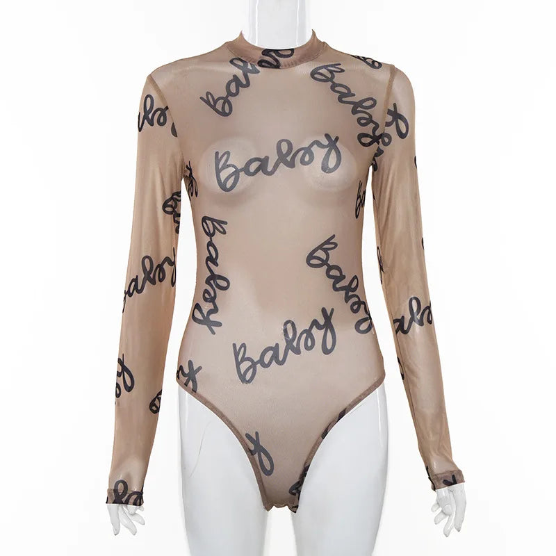 Sexy Letter Print Transparent Mesh Bodysuit - Long Sleeve See Through Romper Bodysuits LUNARITY GARAGE