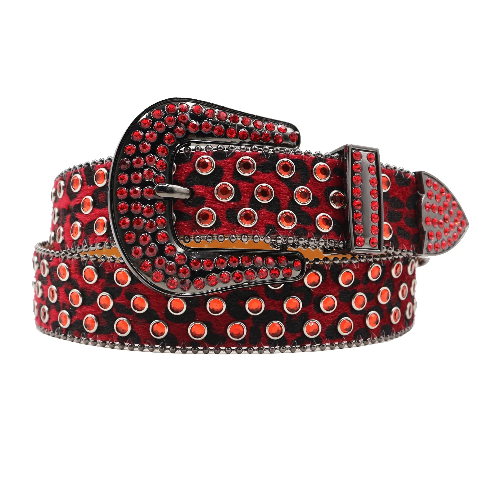 Rhinestone Western Belt – Studded Leopard Bling Strap belt LUNARITY GARAGE Red 105CM