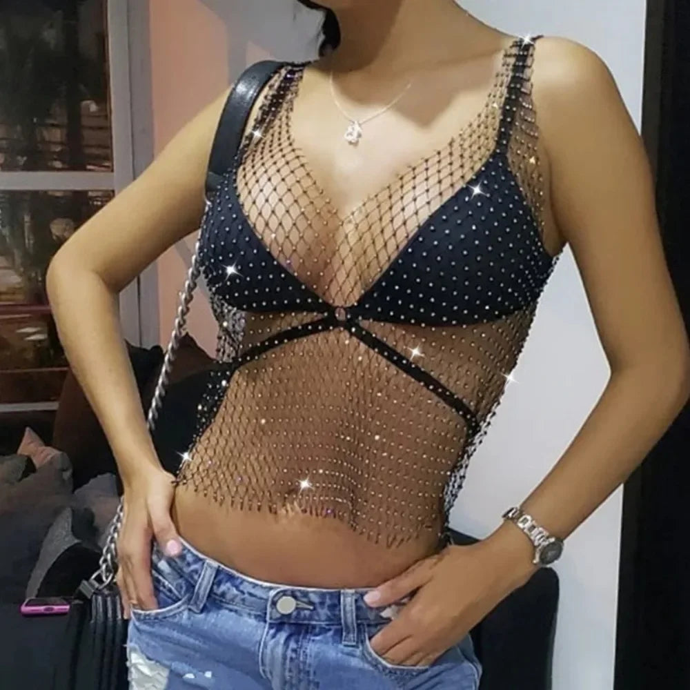 Sexy Shiny Rhinestone Fishnet Women Y2K Tank Tops See Through Crop Top Summer Beach Cover Up Tops Party Nightclub Women Clothing LUNARITY GARAGE
