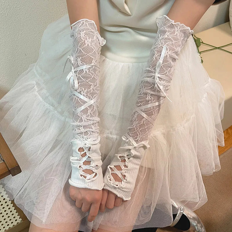 Women Lolita JK Lace Fingerless Gloves - Gothic Strapping Mesh Sunscreen Sleeves Gloves Lunarity Garage   