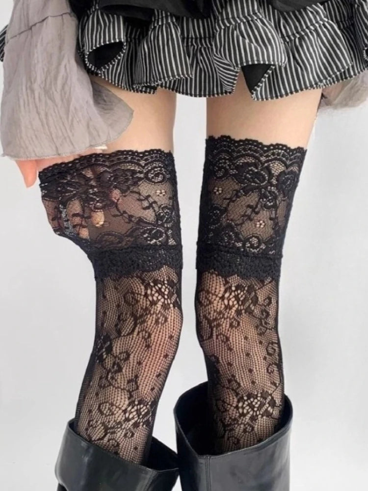 Women’s Lace Trim Nylon Fishnet Stockings – Retro Floral Mesh Thigh High Stockings LUNARITY GARAGE Black One Size