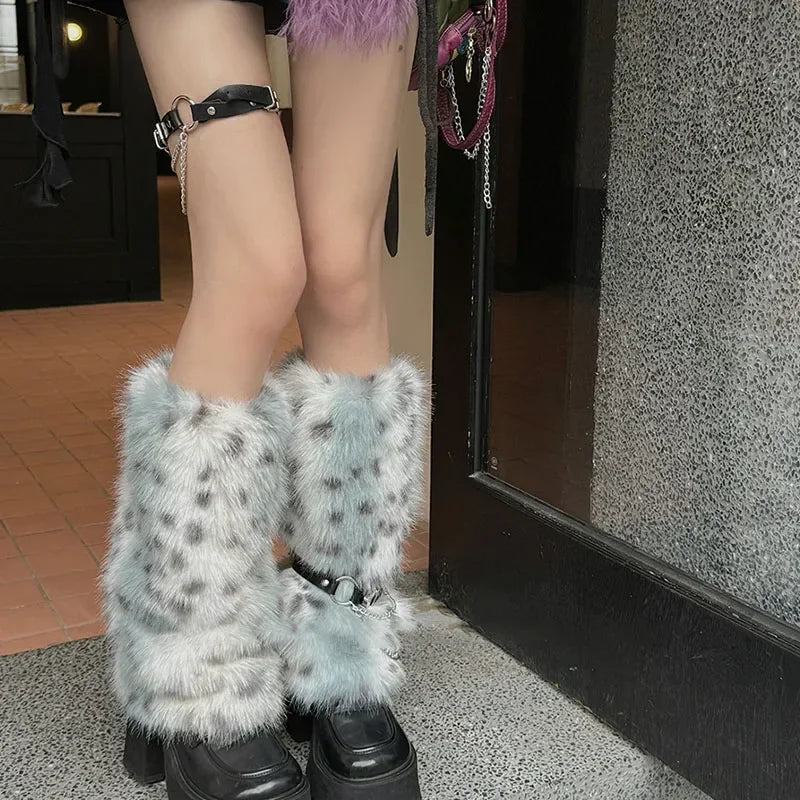Winter Leopard Print Faux Fur Leg Warmers – Y2K Plush Punk Chain PU Belt, Harajuku Thickened Boots Cover, Fluffy Socks Leg warmer LUNARITY GARAGE blue belt 40cm