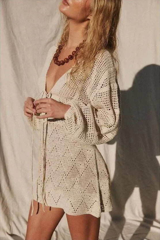 Daring Winter Warmth: The Sexy See-Through Deep V-Neck Knit Mini Dress Dress LUNARITY GARAGE