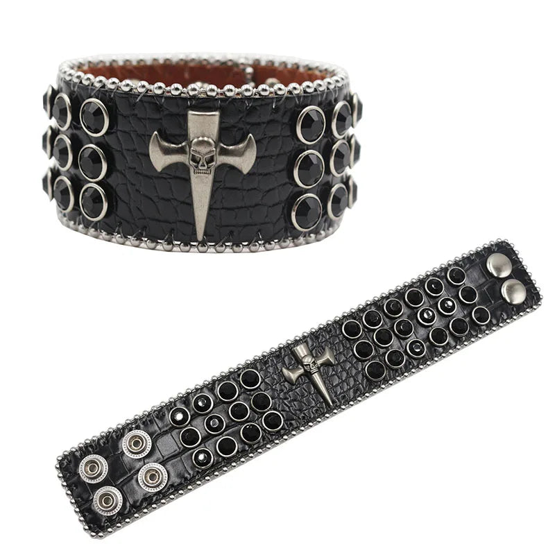 Exquisite Crystal Rhinestone Skull Cross Bracelet – PU Leather Party Jewelry Bracelets LUNARITY GARAGE SZ-Black