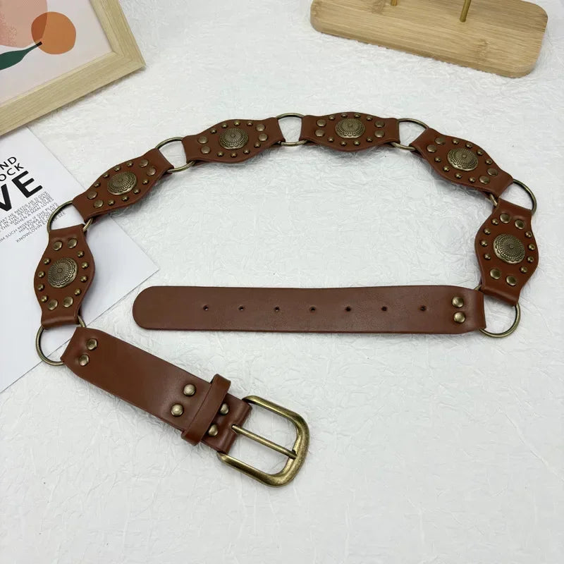 Vintage Circle Rivet Wide Belt - Cowboy Hollow PU Girdle Punk Metal Buckle belt LUNARITY GARAGE