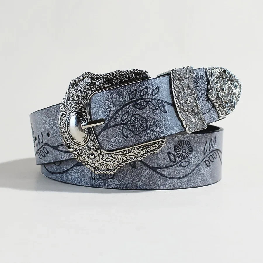 Goth Vintage Pattern Print Belt - Designer Metal Buckle PU Leather Y2K Waistband Belt LUNARITY GARAGE Blue 100cm