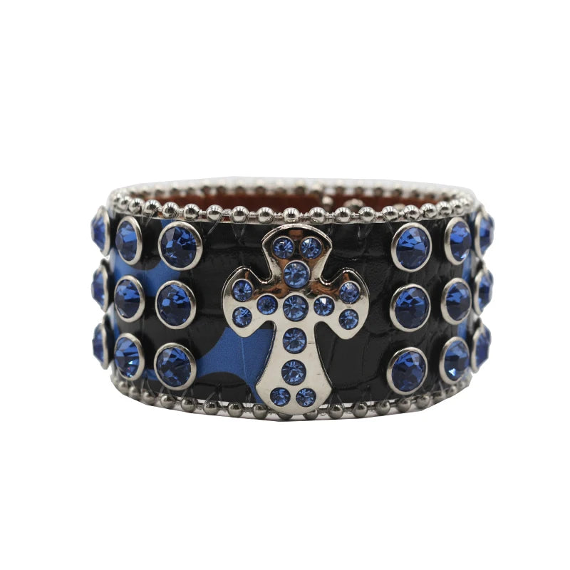 Designer PU Leather Rhinestone Cross Bracelet – Western Bling Statement Piece Bracelets LUNARITY GARAGE HW-Blue