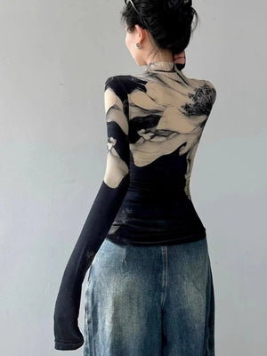 Vintage Floral Print Turtleneck T-Shirt - Korean Long Sleeve Tunic Tee BLOUSE LUNARITY GARAGE